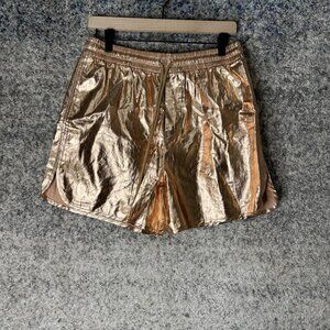 A.L.C. Shorts Womens Medium‎ Gold Metallic Linen Elastic Waist Made USA Shiny